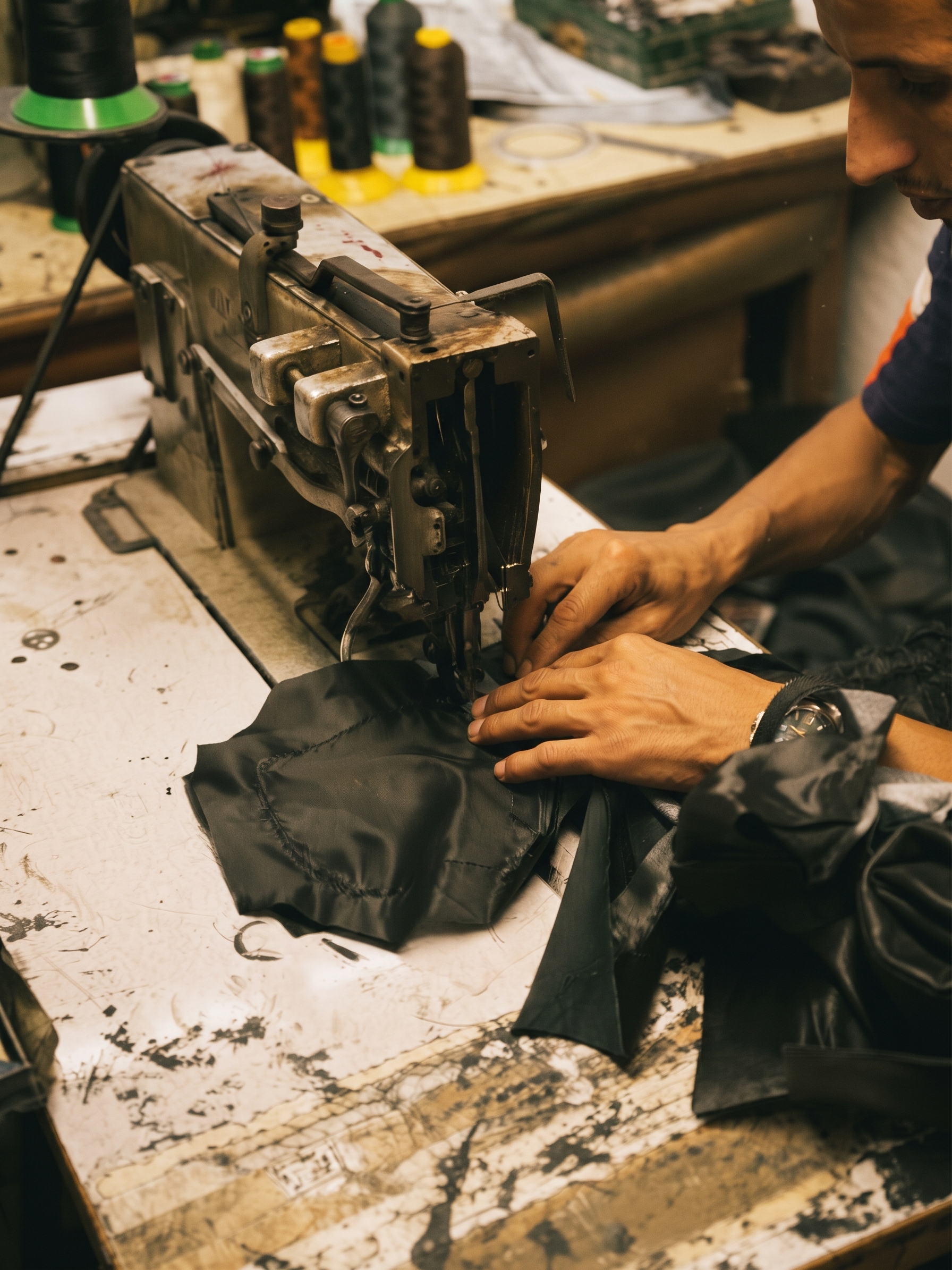 Accueil couturier entrain de coudre une veste en cuir