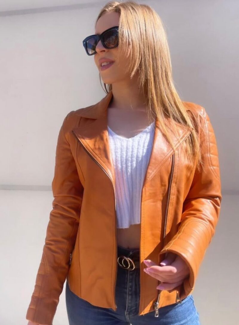 Veste en Cuir Véritable Cognac pour Femme – Style Biker Chic